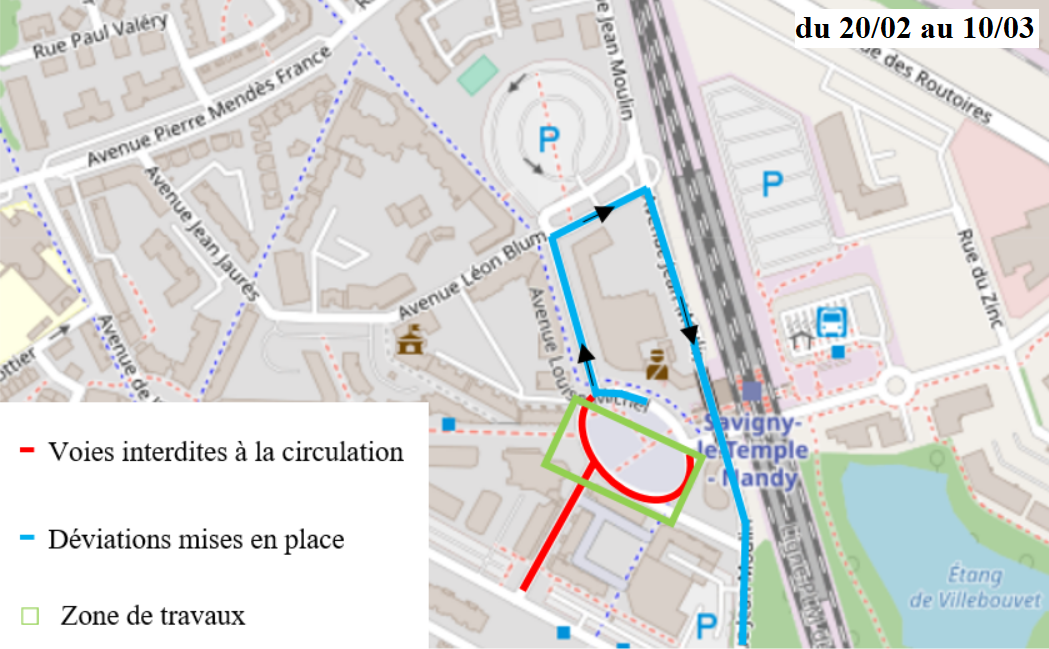 Carte de dÃ©viation des travaux du Tzen 2 Ã  Savigny-le-Temple du 20/02/2023 au 10/03/2023